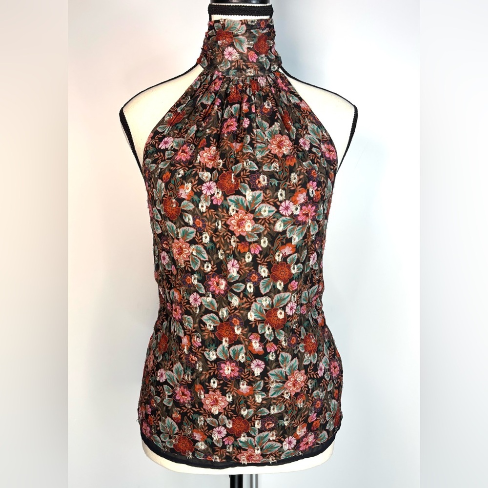 RAMY BROOK Lorenza Floral Print Metallic Halter Tie Neck Going Out Top Size XS/S